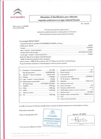 Certificat de Conformité : Voiture importée Certificat de Conformité : Voiture importée