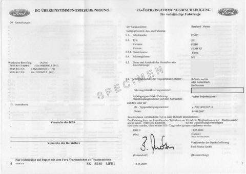 Certificat de conformité Ford