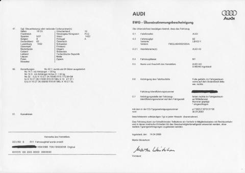 Service Homologation Audi Certificat de conformité Audi